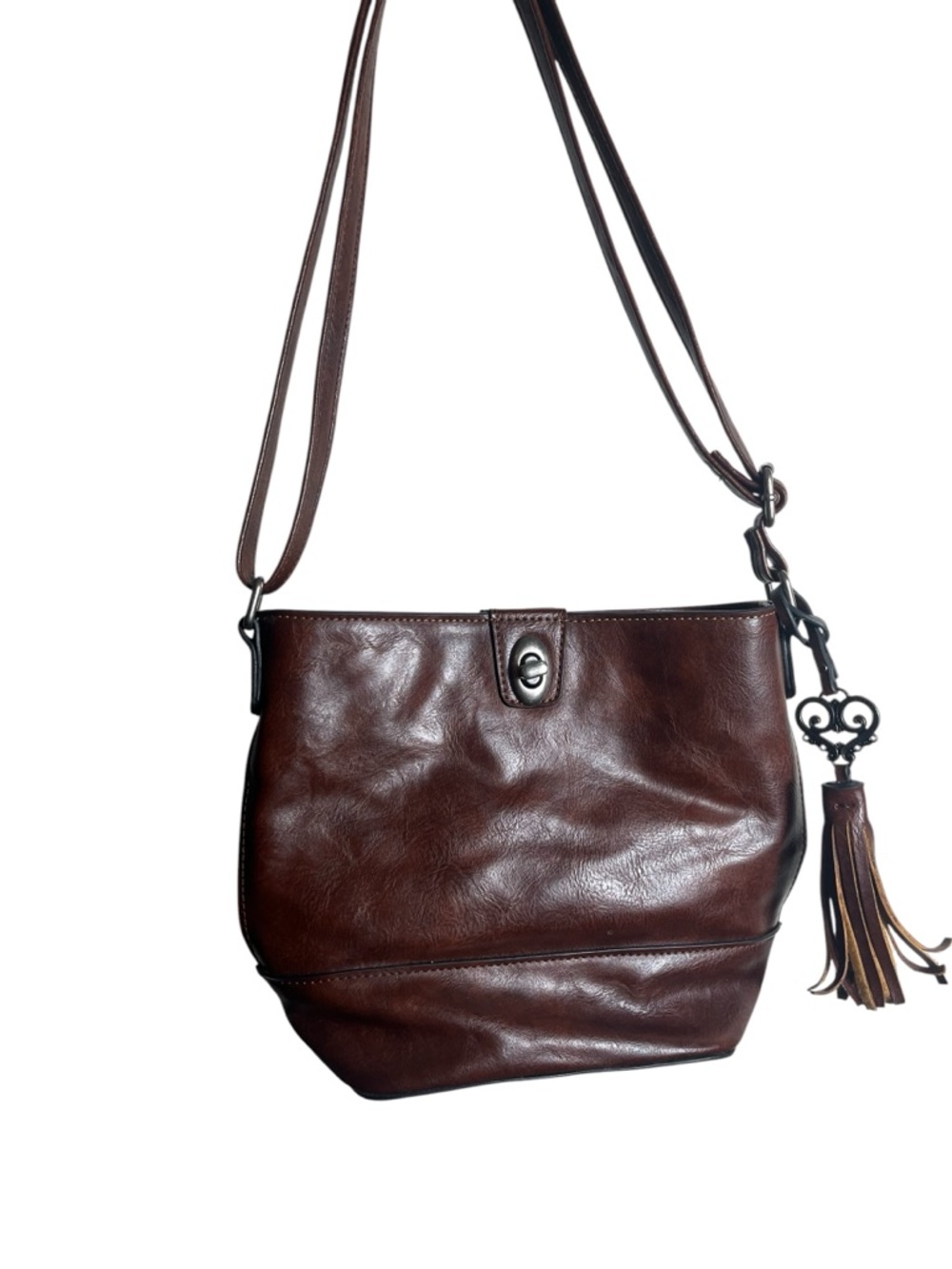 Bueno Brown Faux Leather Crossbody Bag Tassel Turn Lock Boho Y2K Shoulder Purse